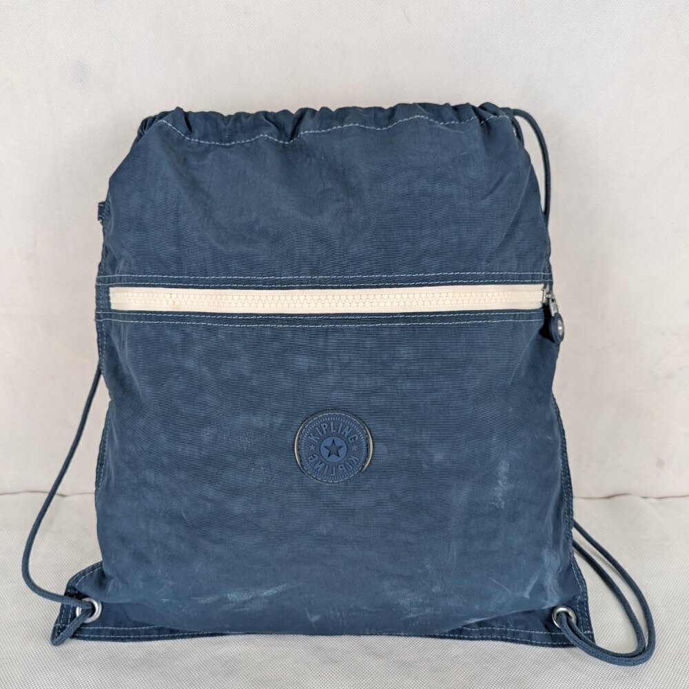 Genuine Kipling Supertaboo Blue Drawstring Zippered Backpack-Used-Good condition